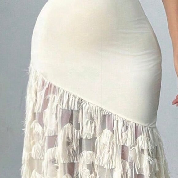 Apricot Elegant Women's Twist Shoulder Slim Fit Bodycon Fish Tail Jacquard Dress - Picture 4 of 8